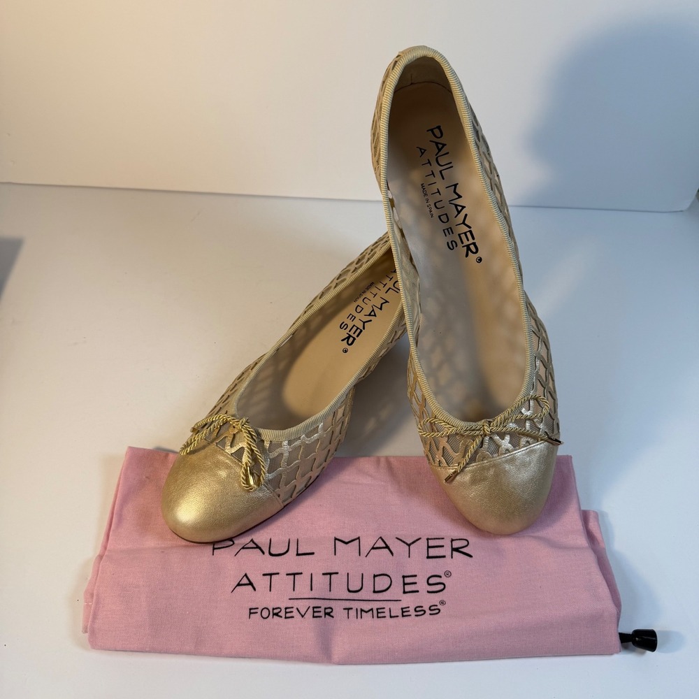 Paul Mayer Attitudes Nadi Gold Mesh Wedge Shoes Womens 10M Spain NIB $310